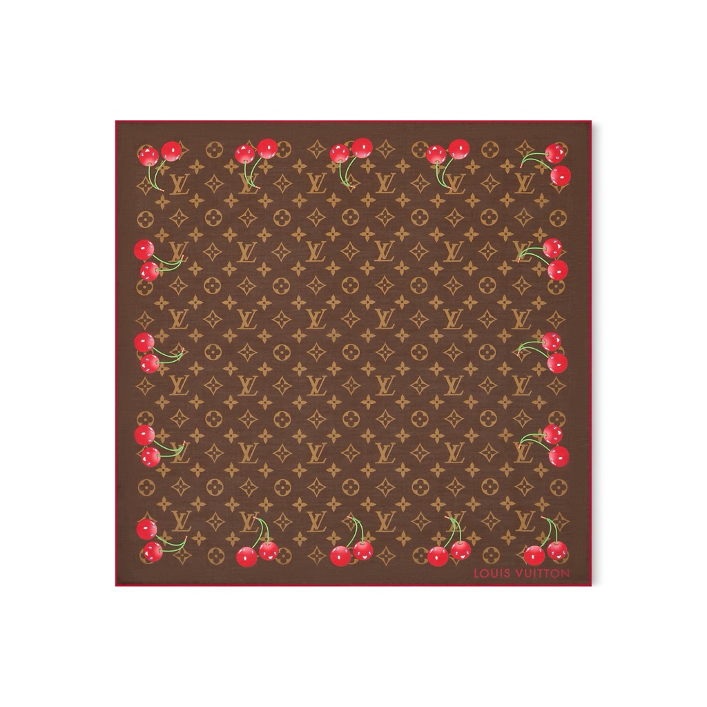 Louis Vuitton Lv X Tm Silk Monogram Cerise Square Scarf 55 Brown Cherry Cherries